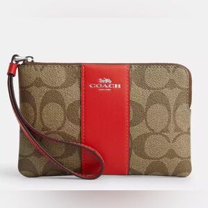 Coach Signature RED Canvas With Silver Print Wristlet